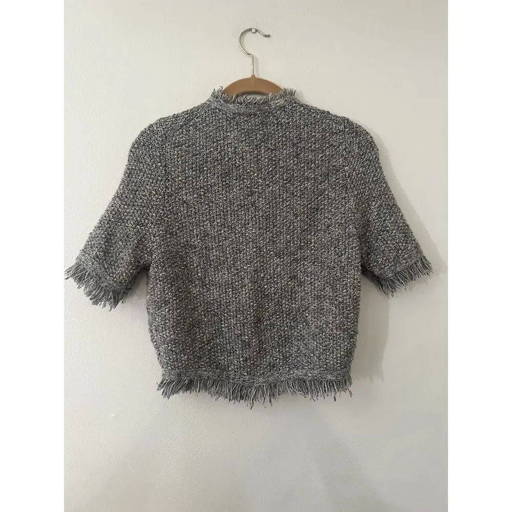 J CREW Cropped fringe trim lady jacket short sleeve cardigan Gray size xs